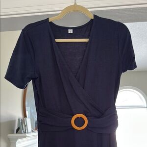 Navy Wrap Dress with Brown Ring Detail